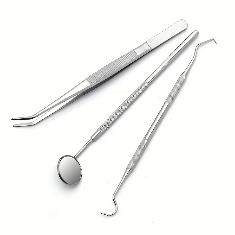 3-teiliges Zahnreinigungsset: Edelstahl-Zahnspatel, Zahnspiegel, Zahnsonde und Zangen für die Mundpflege Image