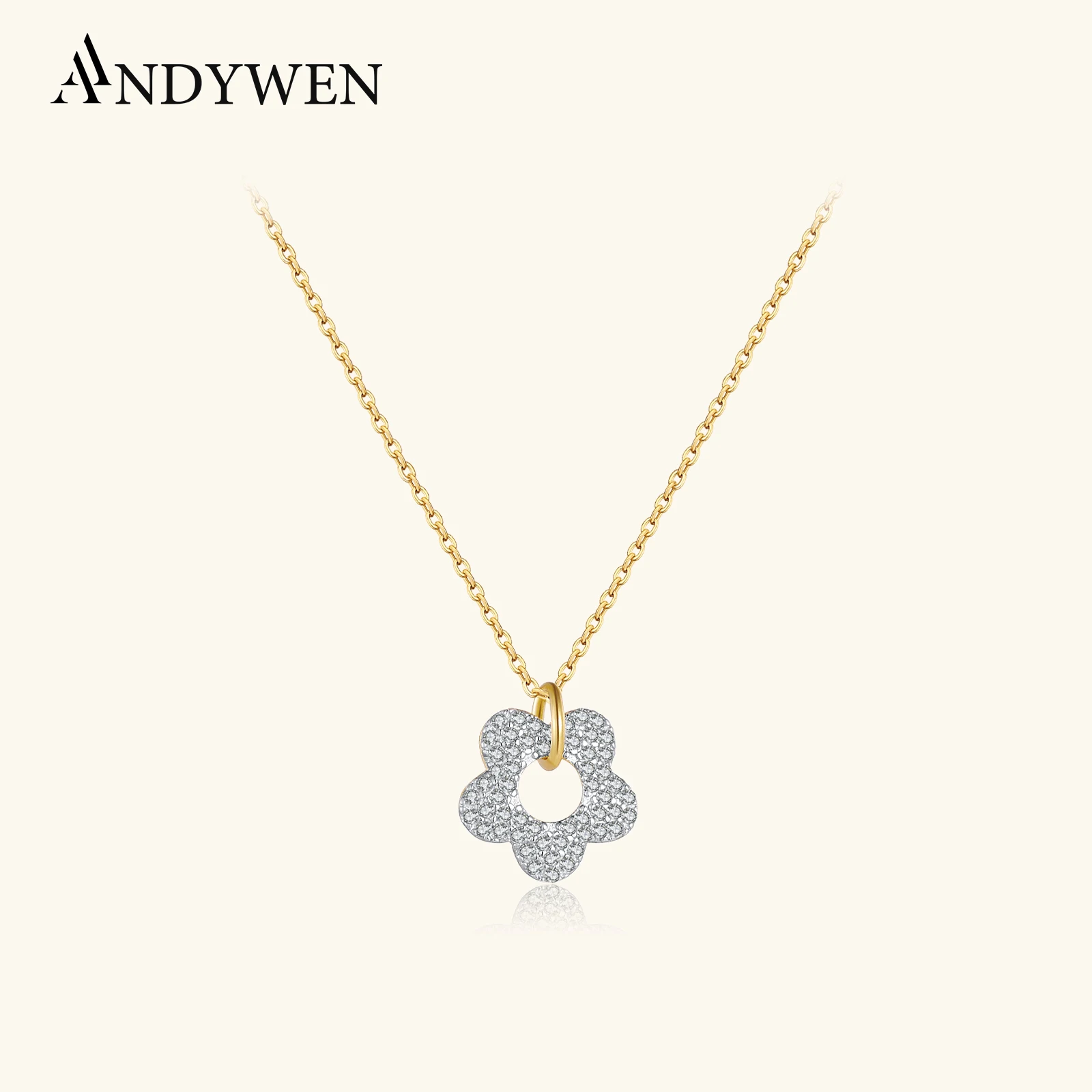 ANDYWEN Halskette mit Vollzirkon-CZ-Blumen aus 925er-Sterlingsilber, zarter Blütenblatt-Anhänger, süßer romantischer Schmuck für die Date und Nacht Image