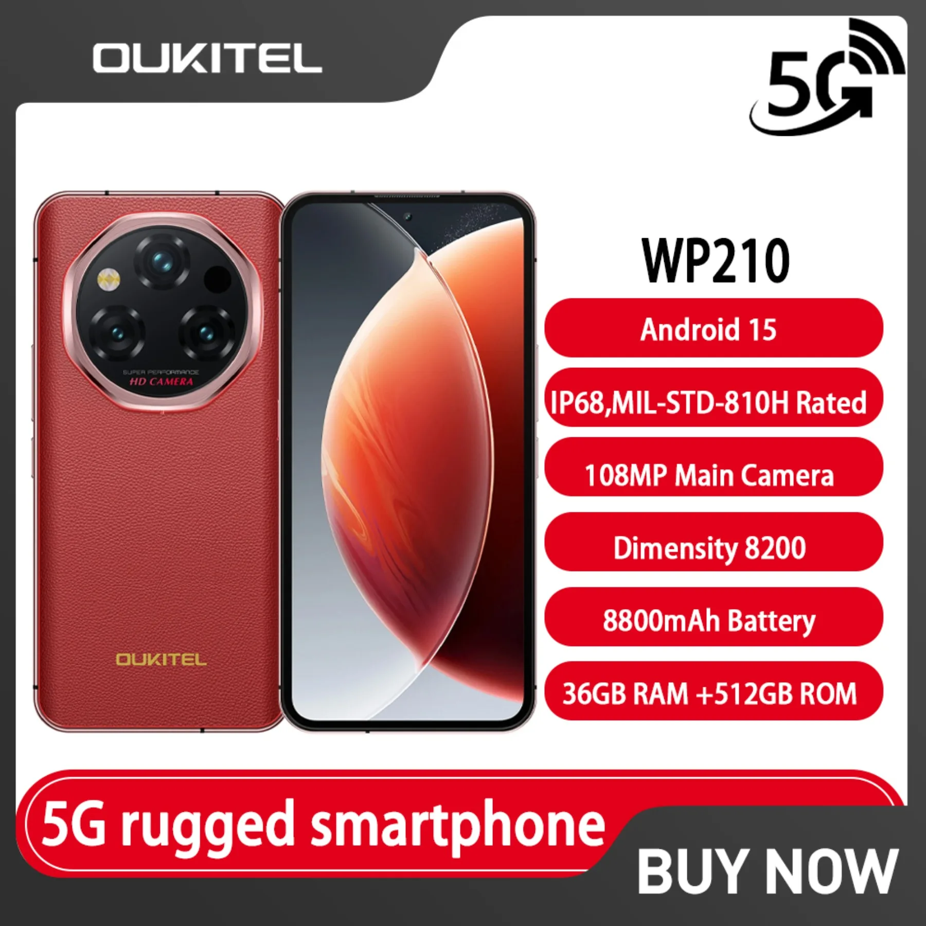 OUKITEL WP210 Robustes Telefongröße 8200 NFC 36 GB + 512 GB 8800 mAh 45 W 6,7 Zoll FHD + 108 MP Android15 5G WIFI6 120 Hz 108 MP Smartphone Image