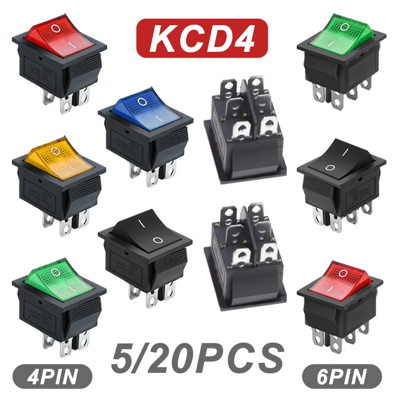 5/20 Stücke KCD4 Snap-in Schalter AC Netzschalter EIN AUS 16A 250 V Wippschalter 4/6Pin Kippschalter mit Led-Licht kcd4 25x31mm Image