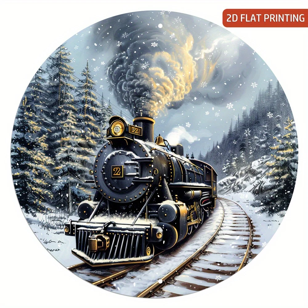 1 Stück Vintage Polar Express Zug Aluminium Rundschild – 20,3 cm Weihnachtskranz Anhänger für Haus & Garten, kein Strom erforderlich Image