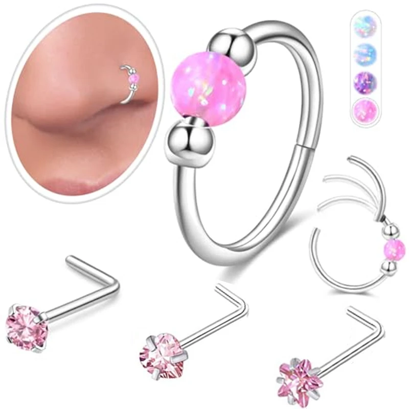 4-teiliges Edelstahl-Nasenring-Set, 20 g, L-förmige Nasenstecker, Opal-Reifen, Nasenloch, Septum, Knorpel, Helix, Rook, Ohrläppchen, Lippenpiercings Image