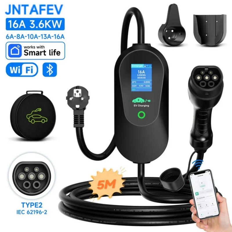 JNTAFEV 3,6KW Tragbares EV-Ladegerät 16A 1-Phasig Typ2 IEC62196-2 Portables Ladegerät 5M Kabel Wallbox WLAN App-Steuerung Image