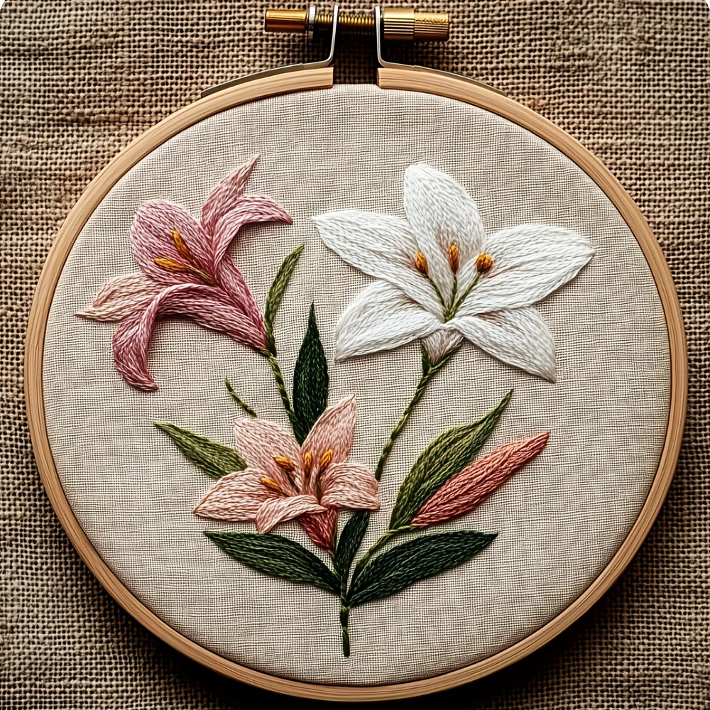 Das neue kreative DIY-Stickset verfügt über elegante Muster mit rosa Lilie und weißen Lilie und einem Hauch von Schönheit für Ihr Zuhause Image