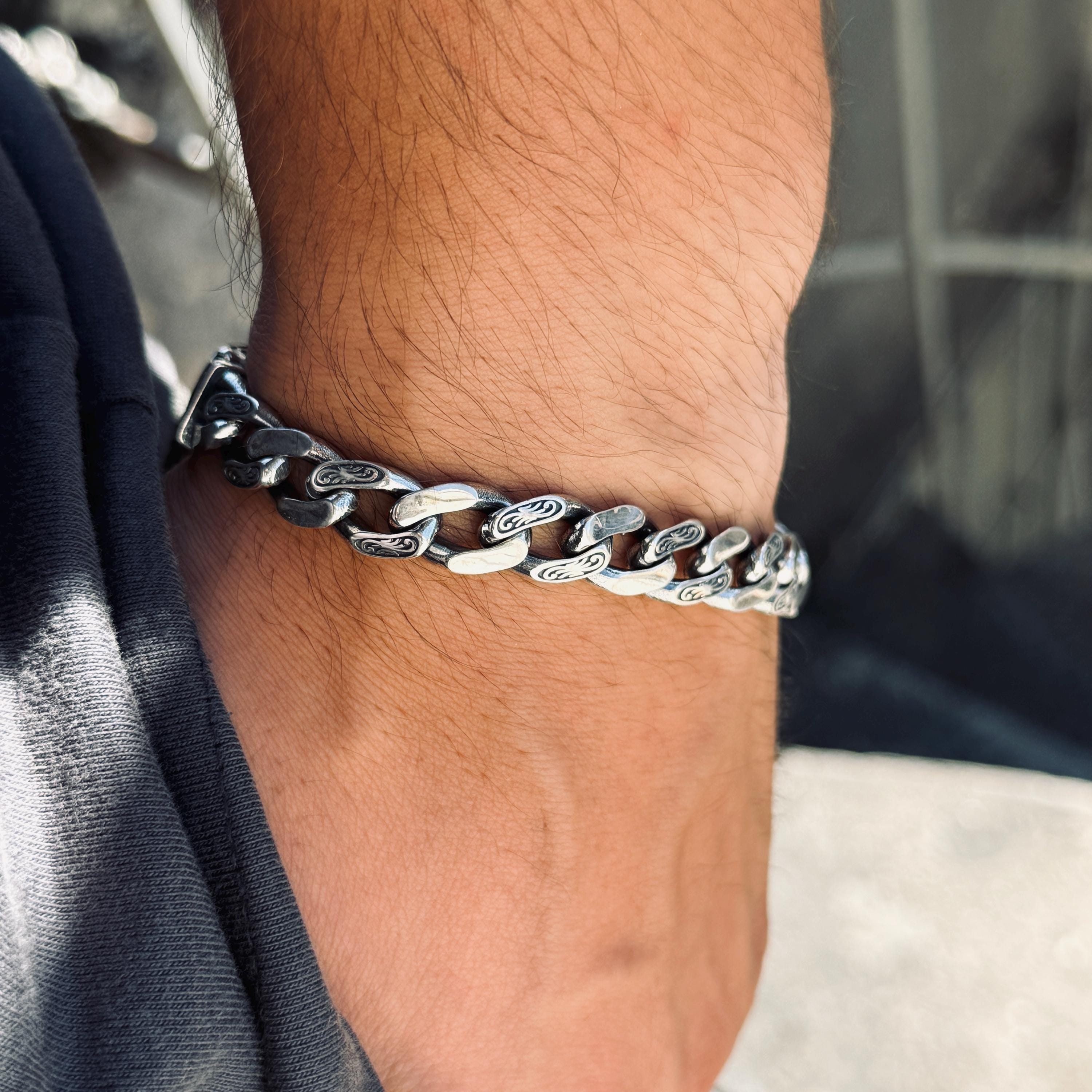 Bracciale in argento sterling massiccio 925, bracciale a catena cubana incisa, bracciale a catena cubana da 10 mm, bracciale a catena pesante, braccia