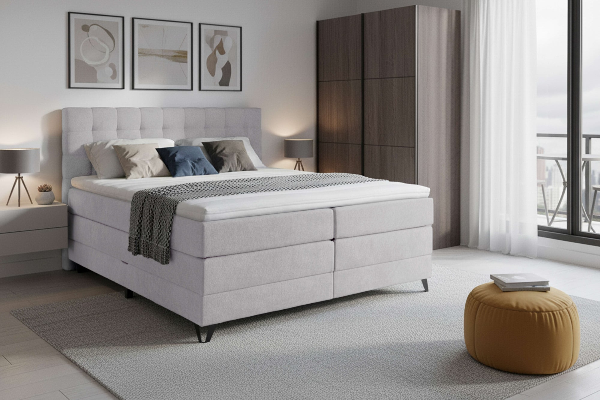 Boxspringbett HOME AFFAIRE "Ilona, Doppel- & Polsterbett, Federkernbett, Komfortbett, 160 & 180 cm", hellblau, B:186cm L:213cm, 100% PES, Komplettbetten, Boxspringbett, inkl. 6 cm Topper, zwei Bettkästen, Taschen-Federkernmatratze in H3 Image