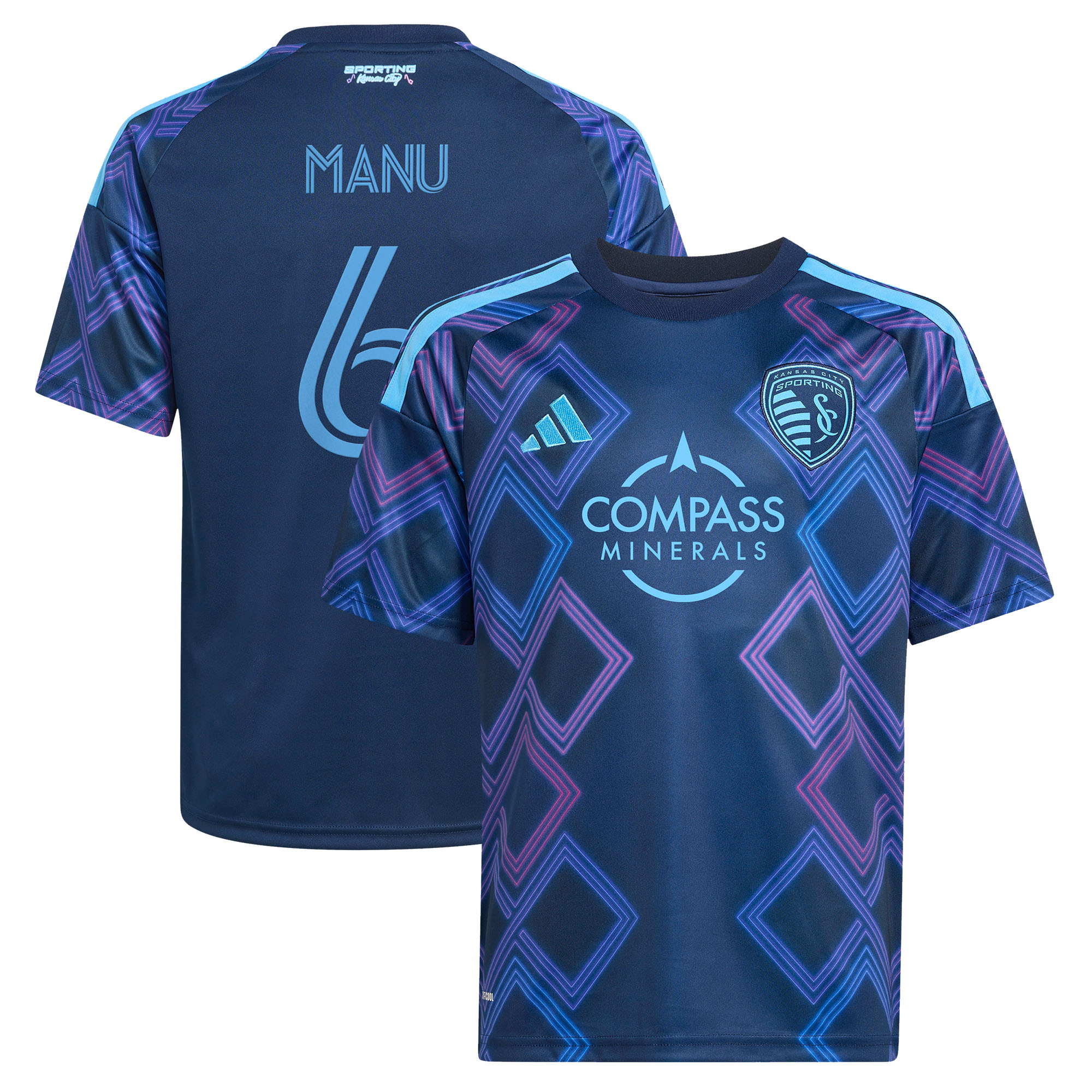 Youth adidas Manu García Blue Sporting Kansas City 2026 The 18th & Vine Kit Replica Jersey