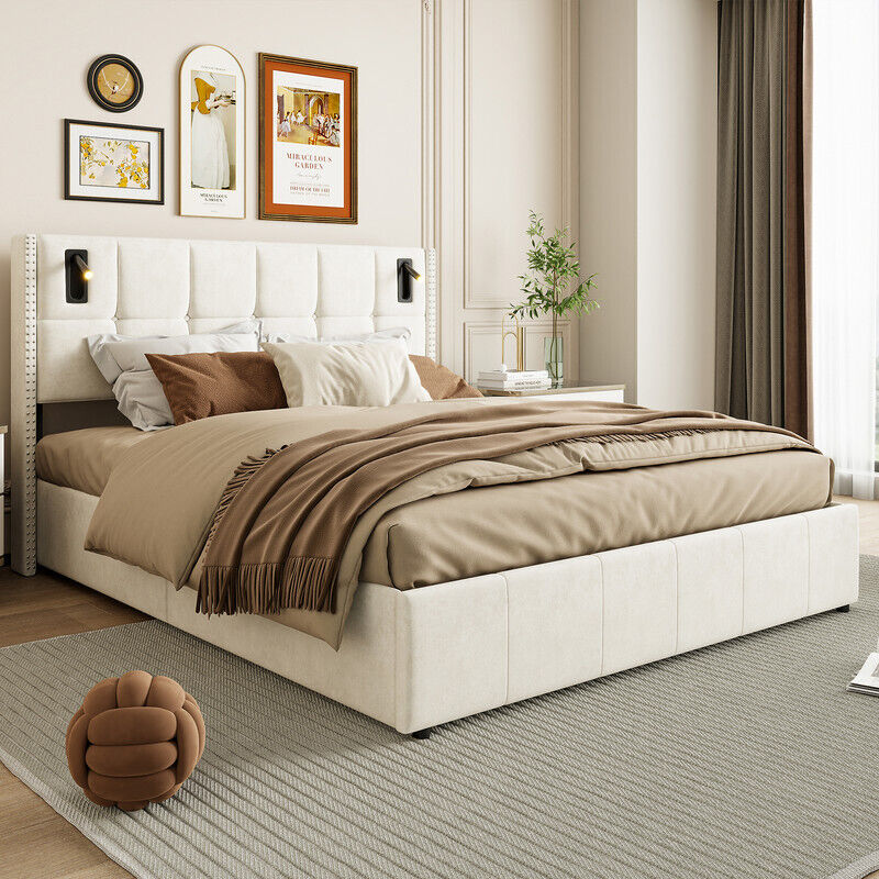 Letto Contenitore 140 X 200 Con Lampada Da Lettura, Letto Matrimoniale Con Rete E Contenitore, Letto 140x200 Con Rete A Doghe In Legno, Letto Matrimoniale Imbottito In Velluto Beige