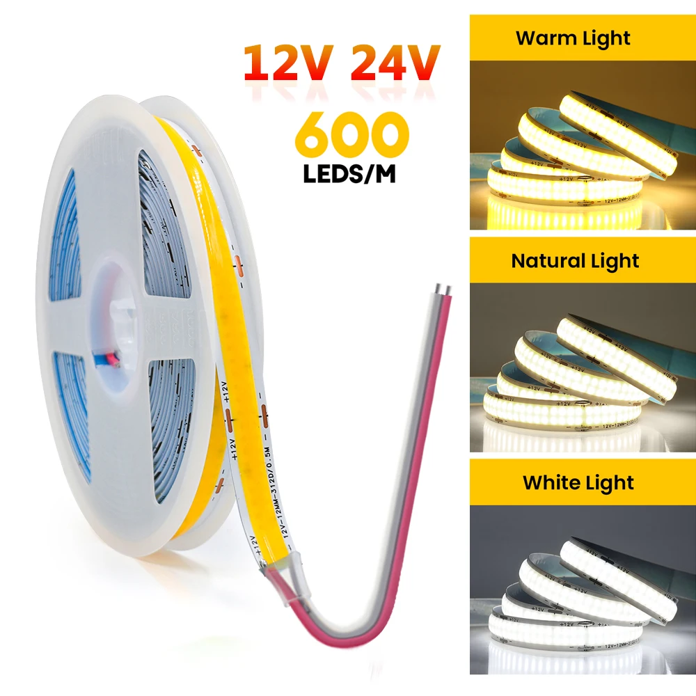 Cob LED-Streifen 12V 24V 120leds/m hohe Helligkeit flexible Fob LED-Band zweireihig ra90 600 k 3000k 4000k dimmbare Cob LED-Leuchten Image