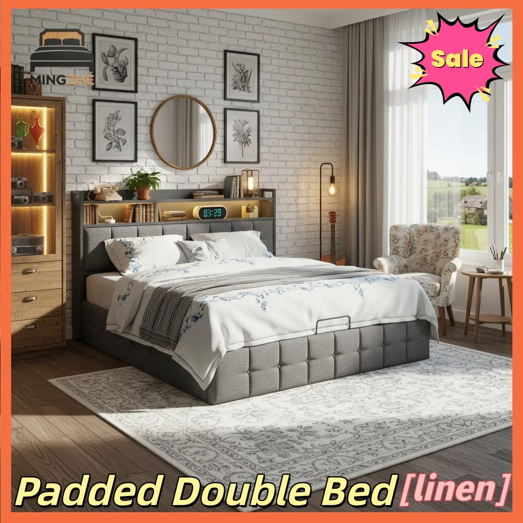 Boxspringbett mit Stauraum, Polsterbett, Doppelbett, Hydraulisches Stauraumbett, Bettgestell, Holzlattenrost Image