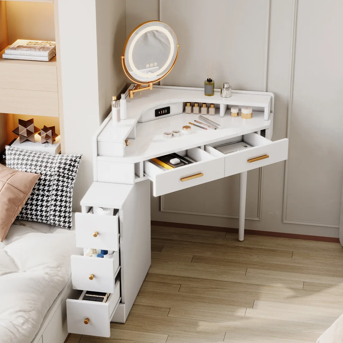 Weißer Eck-Schminktisch, Drehbarer Dimmbarer LED-Spiegel, 5 Schubladen, USB/USB-C, Moderner Make-up-Tisch 105,5x75x120cm Image