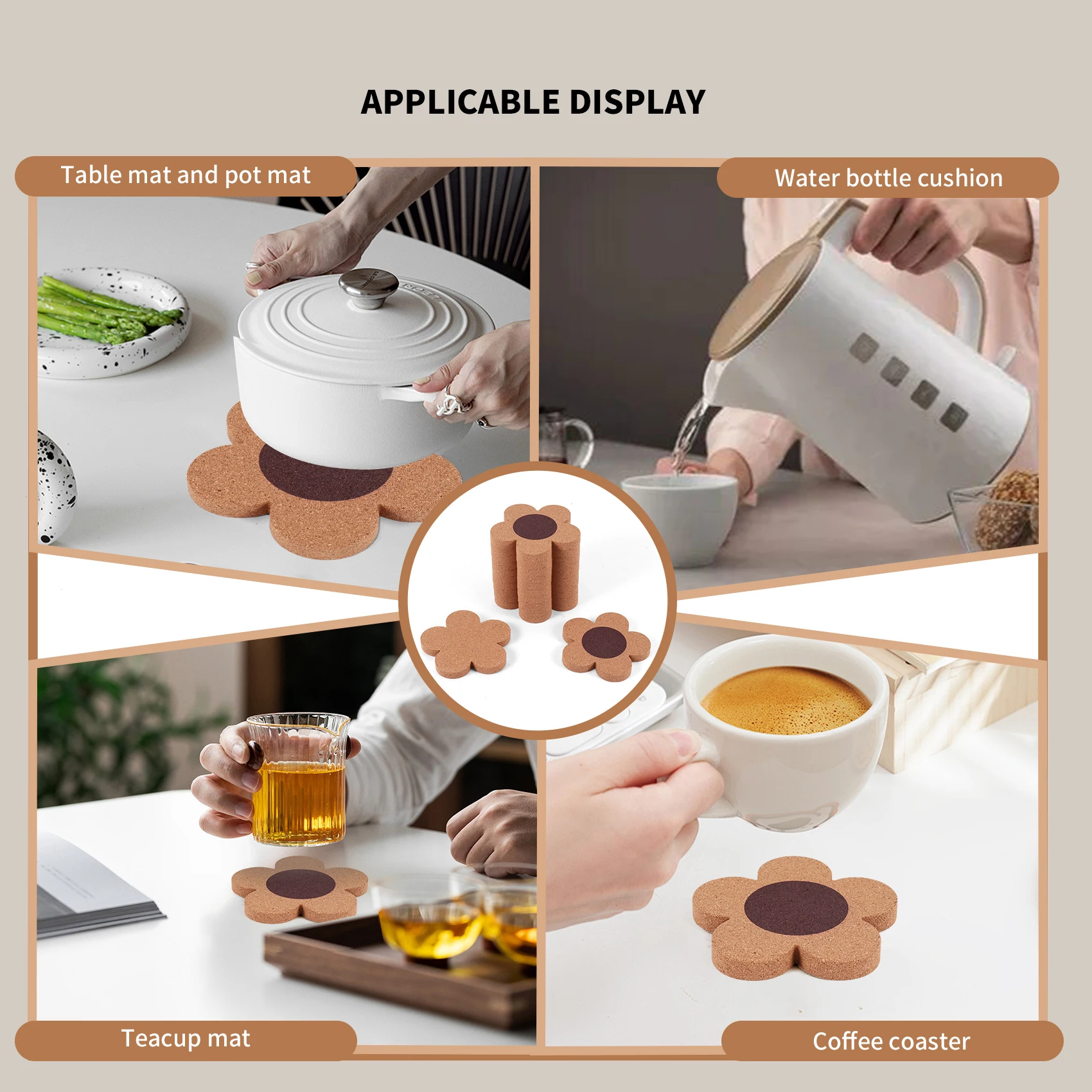 A62X 12 süße Untersetzer für Getränke, saugfähiges und wiederverwendbares Untersetzer-Set, 10,2 cm, Kork-Blumenform-Untersetzer für Kaffee, Teetassen-Matte Image