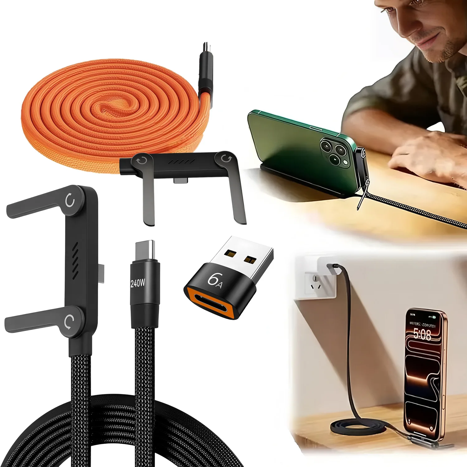 1 Stück Faltbares 240W USB-C-Kabel Geflochtenes Schnellladekabel Telefonhalter PD Typ-C-Kabel mit OTG für iPhone 15-17 Samsung Xiaomi Image