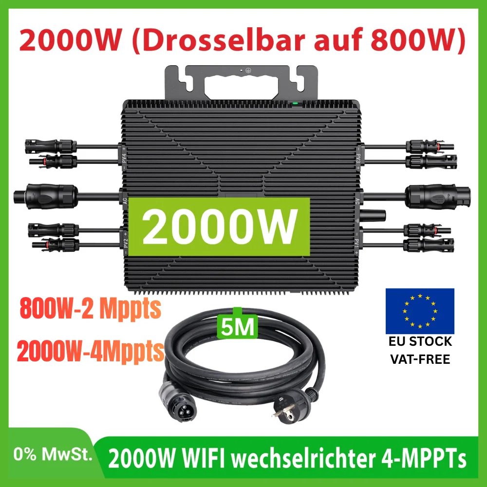 Heißer Deal! 800W/2000W Mikro-Wechselrichter 230V 50Hz Netzgekoppelt, MPPT 25-55V, IP67 Sturmschutz, WLAN, Solarman-Überwachung, Reine Sinuswelle, EU-Stecker Image