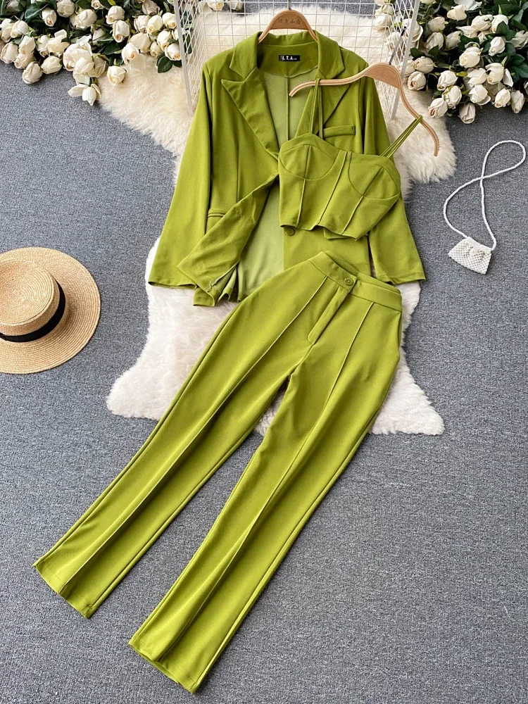 Frauen Elegante Blazer Drei Stück Sets Sexy Tank Tops Lose Jacke und Schlanke Hohe Taille Lange Hosen Anzüge Frau Outfits Image