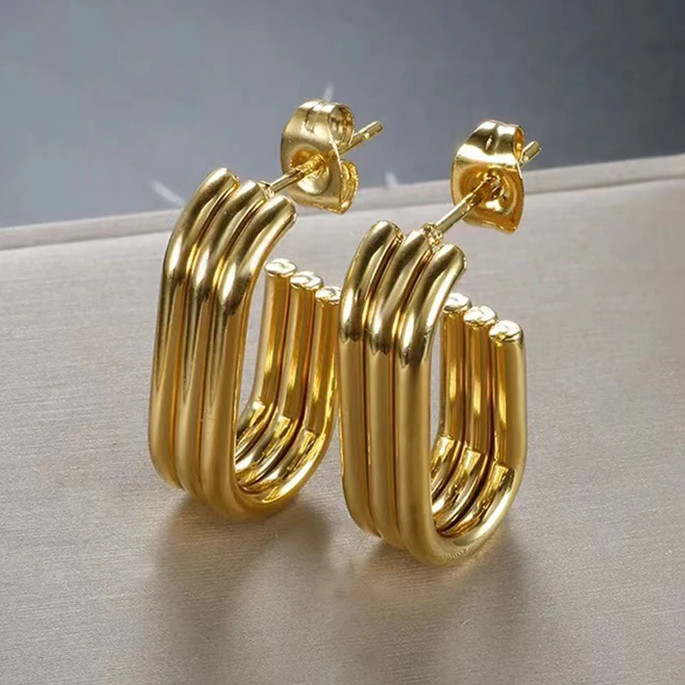 2025 Neuer Trend, dreilagige U-förmige offene Edelstahl-Ohrhänger für Damen, 18 Karat PVD-vergoldet, klassischer Vintage-Schmuck Image