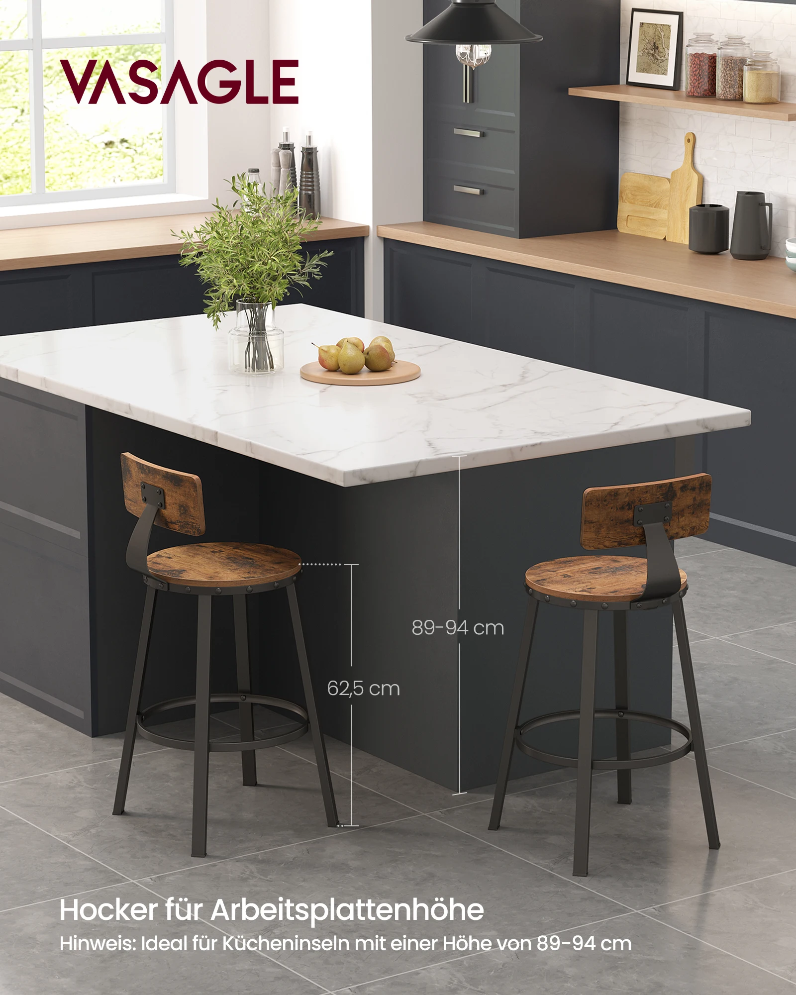 VASAGLE Barstühle, Barhocker 2er Set, 2 Küchenstühle, mit Metallgestell, 62,5 cm hoch, Industrie-Design, braun-schwarz Image