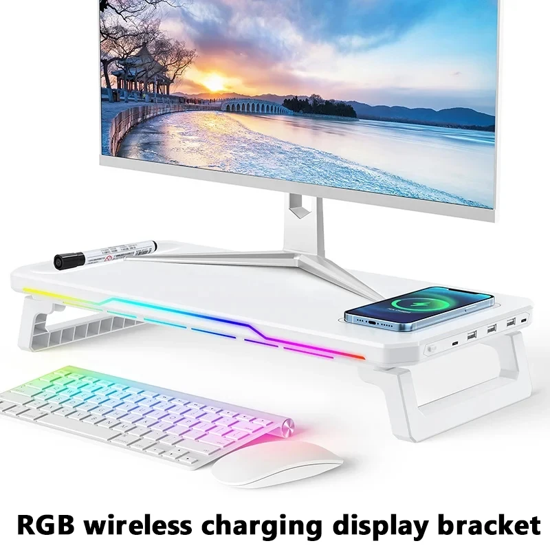 RGB-Lichteffekt, wiederaufladbarer Desktop-Monitor, Höhenständer, 3 USB 2.0-Anschlüsse, universelles Laptop-Aufbewahrungsregal mit kabelloser Aufladung Image