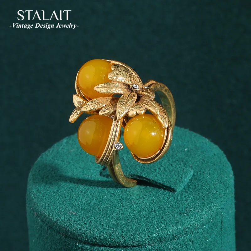 Vintage Antik Gelbe Kugel Gold Farbe Blatt Stein Ring Natürliche Einstellbar Frau Böhmischen Schmuck Zubehör Hohe Qualität 2025 Image