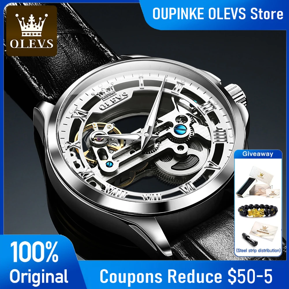 OLEVS 6661 Herrenuhr Skeleton Automatische Mechanische Uhr Lederband Transparente Wasserdichte Uhren Für Mann Original Luxus Image