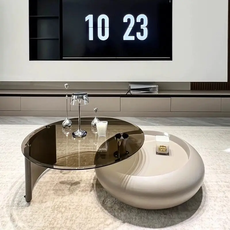 Mobiler Couchtisch auf Rädern, Glasdesign, minimalistischer Wohnzimmer-Couchtisch, niedliche runde Möbel für die Wohnung, Wohnmöbel Image