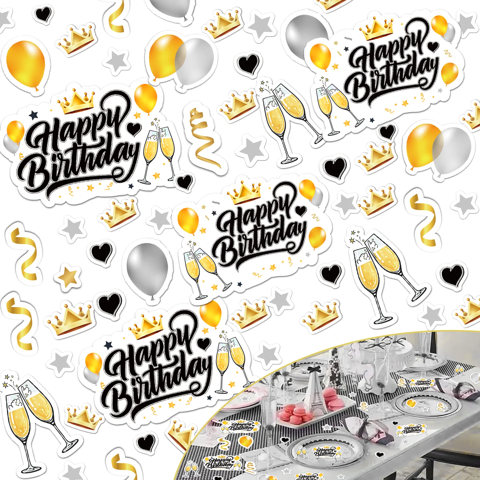 230 Stück Happy Birthday Konfetti Party-Tischdekoration Konfetti | Schwarzgoldene Geburtstagsdekoration mit Kronenmuster-Elementen Image