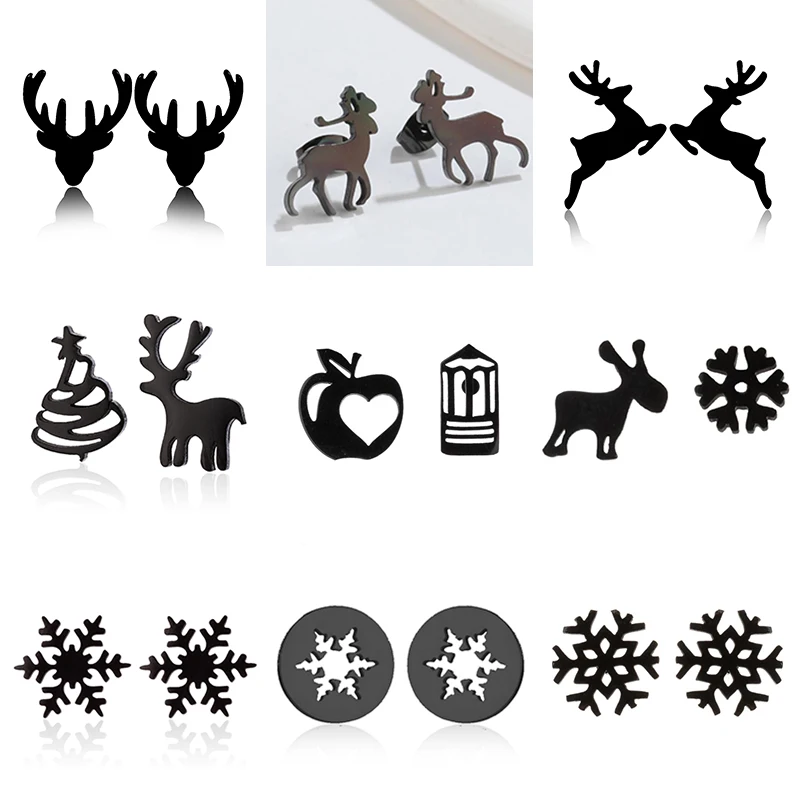 Weihnachten Hirsch Schneeflocke Ohrstecker Frauen Asymmetrie Edelstahl Ohrschmuck Mädchen Weihnachten Party Ohrring Geschenke Zubehör Image