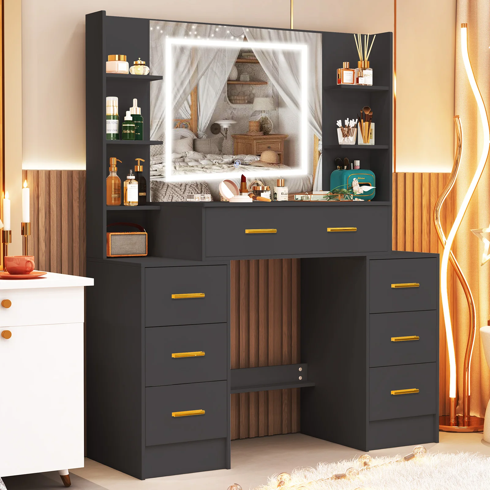 Teousev Schwarzes Modernes Schminktisch-Set mit Touch-Control Dimmbarem LED-Spiegel, 7 Schubladen, 7 Offenen Fächern, Rahmen, Schlafzimmer-Schminktisch