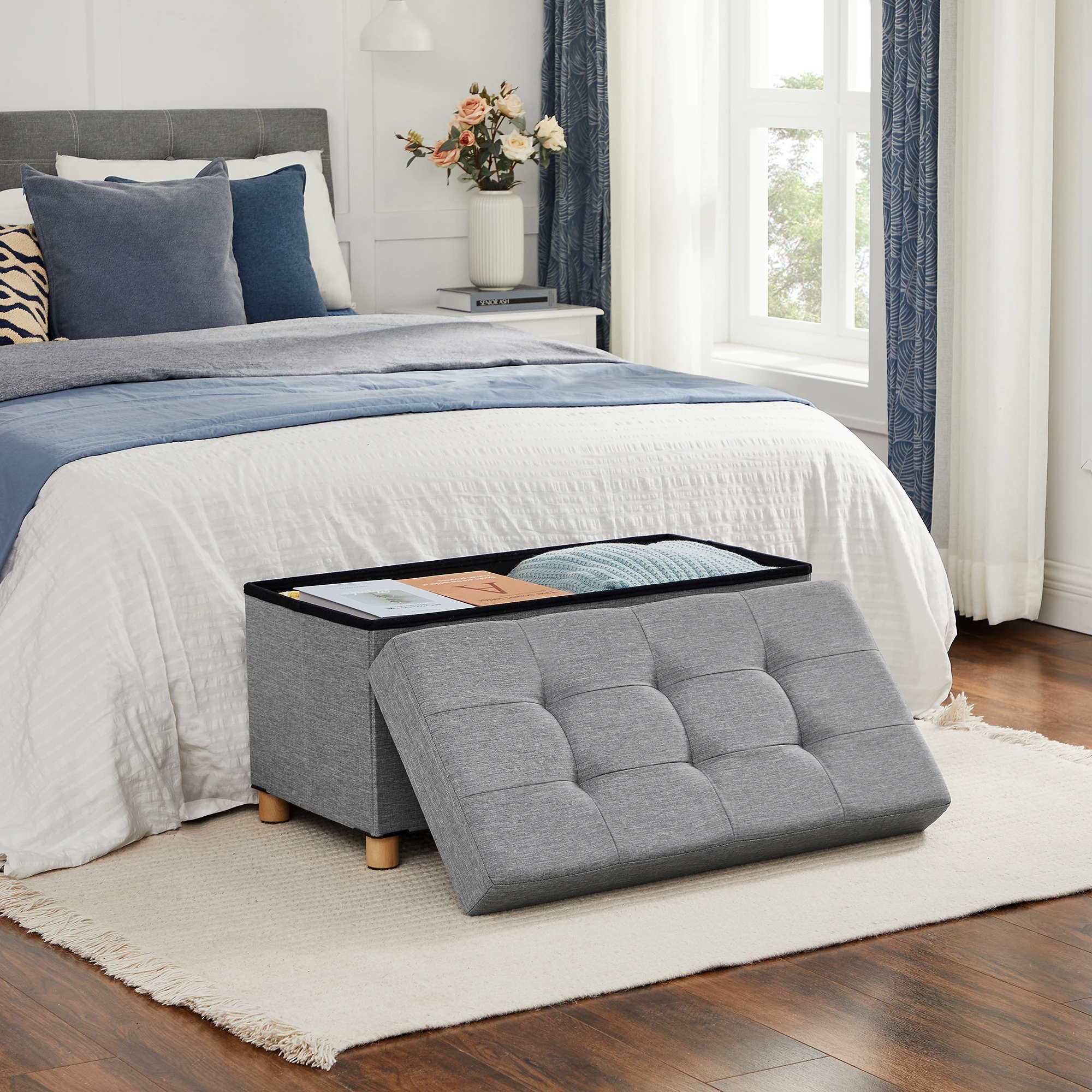 SONGMICS Sitzhocker mit Stauraum, klappbare Sitzbank mit Beinen, Aufbewahrungsbox, 38,1 x 76,1 x 40,1 cm Fußbank