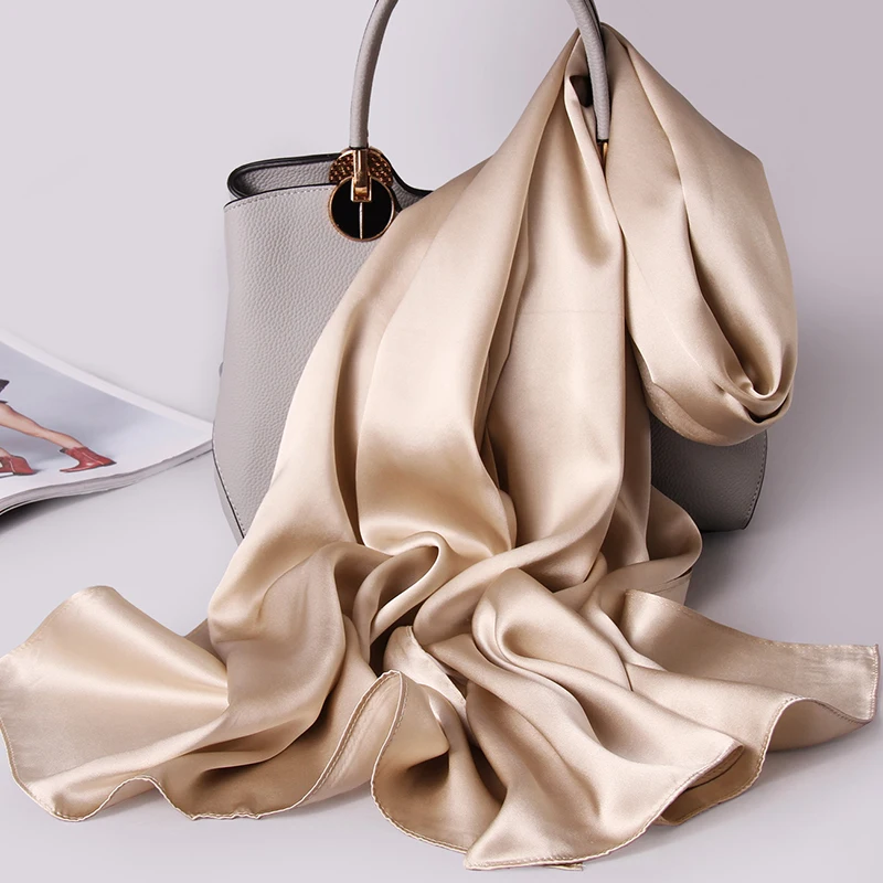 Sciarpa di seta naturale al 100% Sciarpa di seta lunga di lusso da donna Foulard di seta reale Bufanda Sciarpe di seta in raso tinta unita Foulard Femme