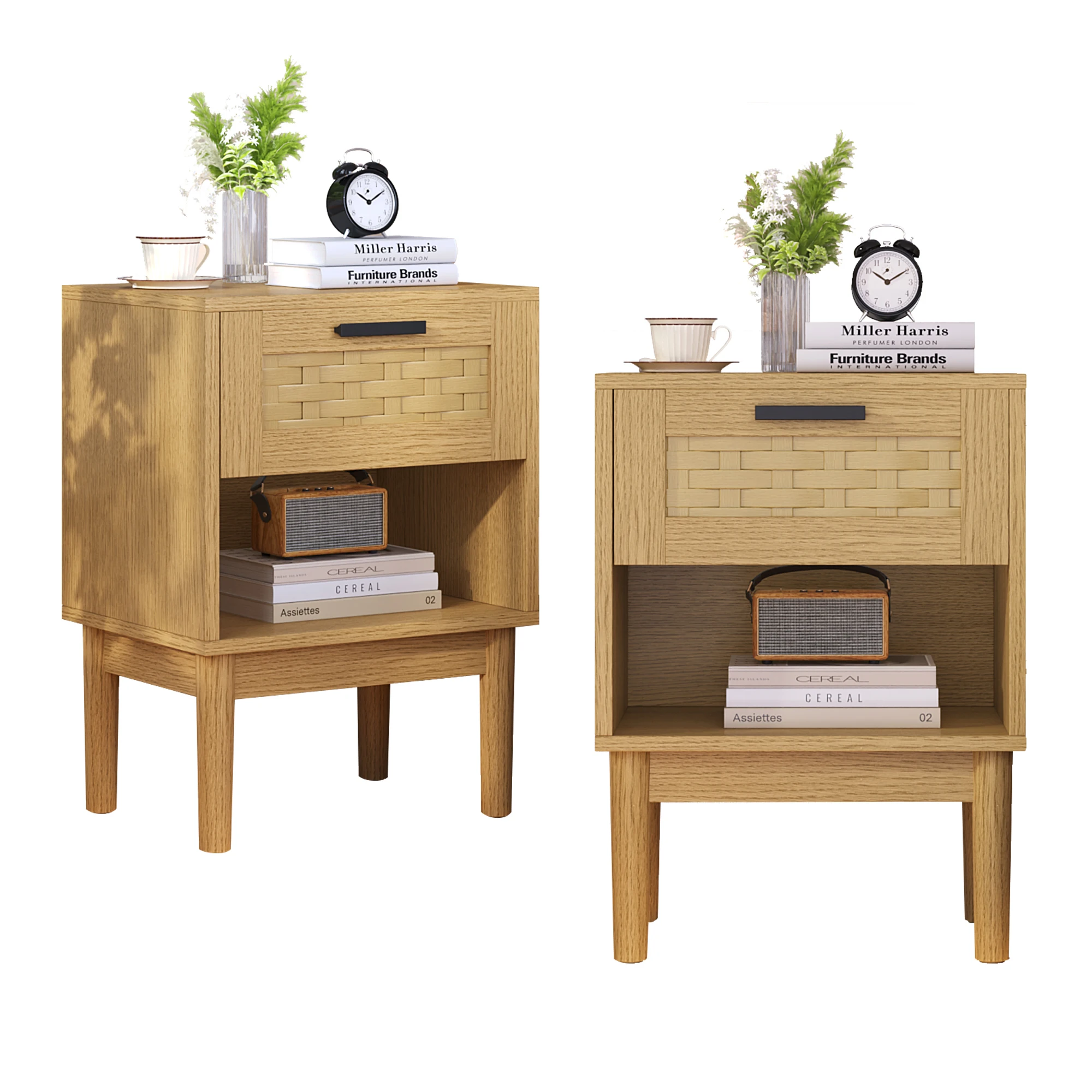 Comanlai Boho-Stil Nachttische Holz-Beistelltisch mit Schubladen und offenem Regal Massive Beine Beistelltisch für Wohnzimmer Schlafzimmer