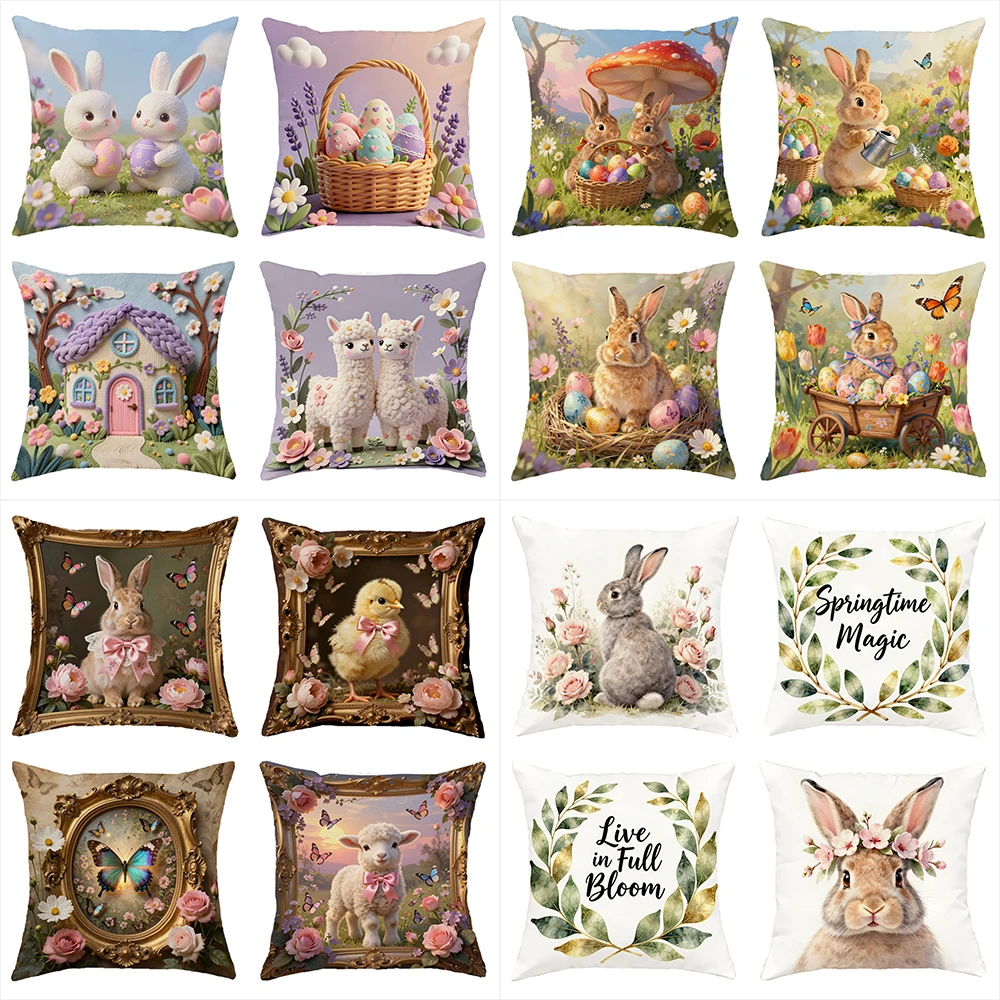 4 Stück Kissenbezüge mit Osterhasen-Motiv für Frühlingszauber, Sofa, Bett, Kissenbezug, Schlafkissenbezug, Heim- und Schlafzimmerdekoration Image