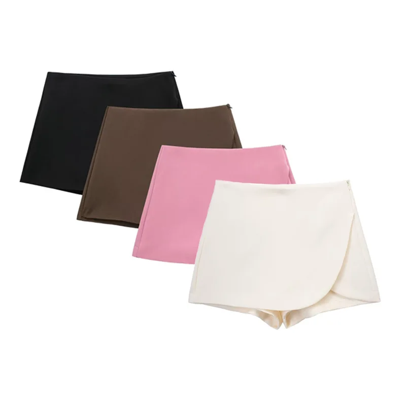 HXAO Kurzer, lässiger Mini-Shorts-Rock mit hoher Taille für Damen, 2024, Beige, Khaki, Schwarz, Weiß, asymmetrischer Shorts-Rock Image