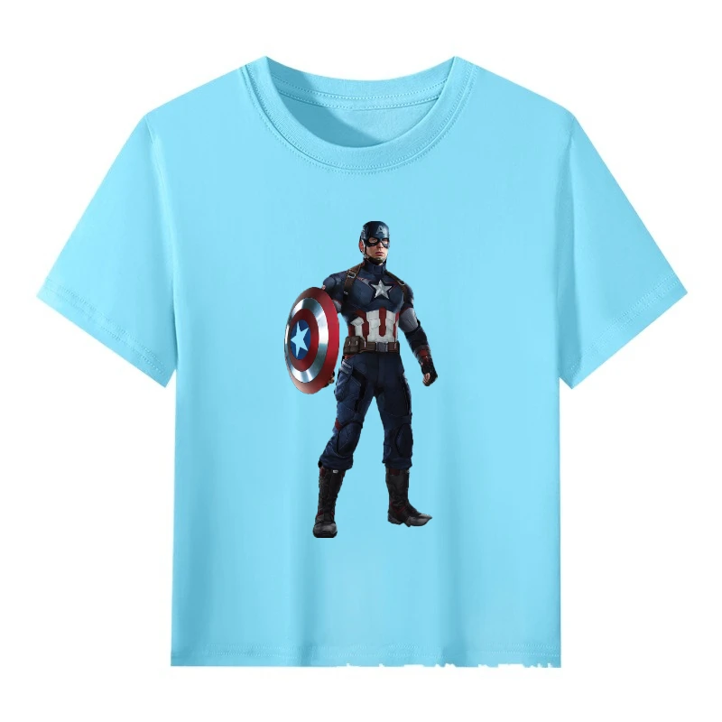 Marvel Sommer Kinder-T-Shirt aus 100% Baumwolle, bequemer, weicher Stoff, Captain America-Muster, geeignet für lässige, modische Kleidung. Image