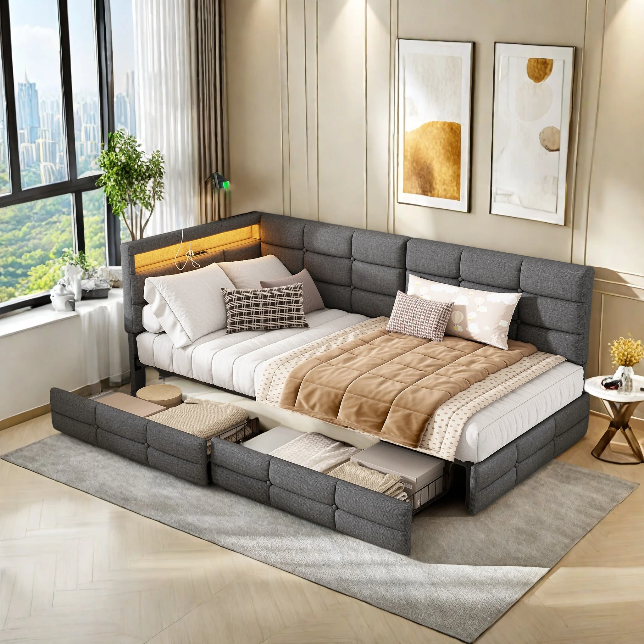 Kinderbett 90x200 cm, mit LED-Lichtleiste und Ladeanschluss, 2 Schubladen, L-förmigem Kopfteil, Jugendbett, Schlafsofa, Leinen