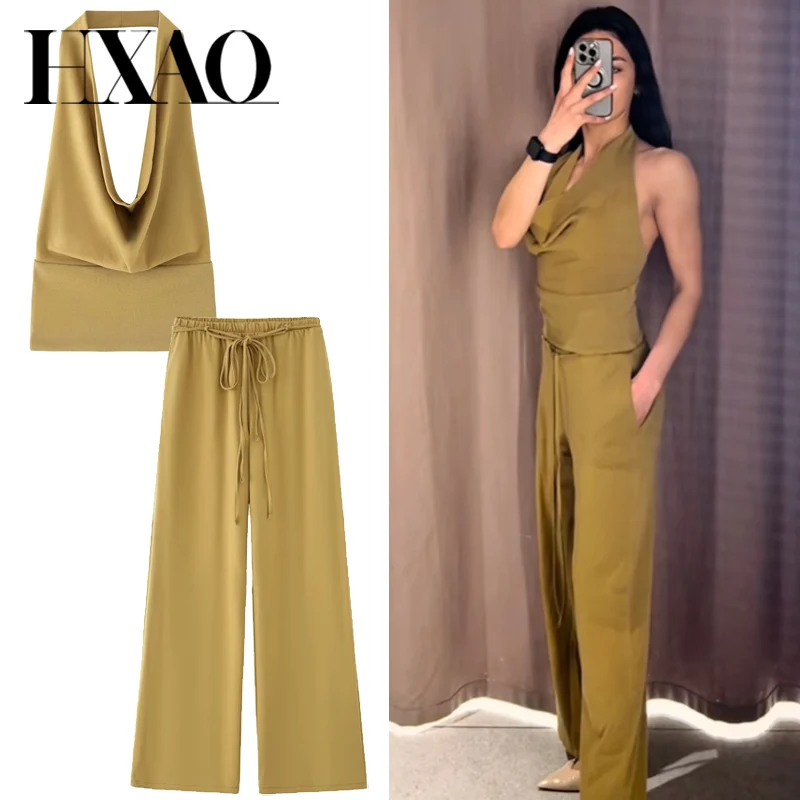 HXAO 2025 Gelbe Hosen-Sets, Damen-Anzug, Neckholder, rückenfrei, Tank-Top, 2-teiliges Set, Damen-Outfit, Baggy-Set mit hoher Taille und Schnürhose Image