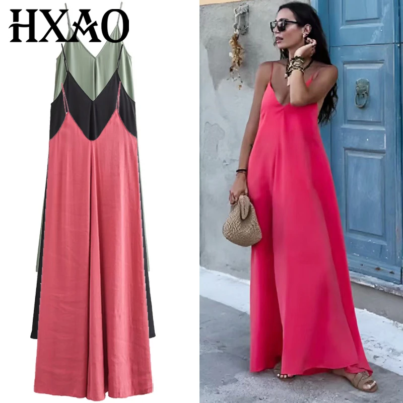 HXAO 2025 Damenkleider Slip Lange Kleider Elegantes Grün Rot Schwarz Kleid V-Ausschnitt Ärmellos Rückenfrei Vestido Lässiges Damenkleid