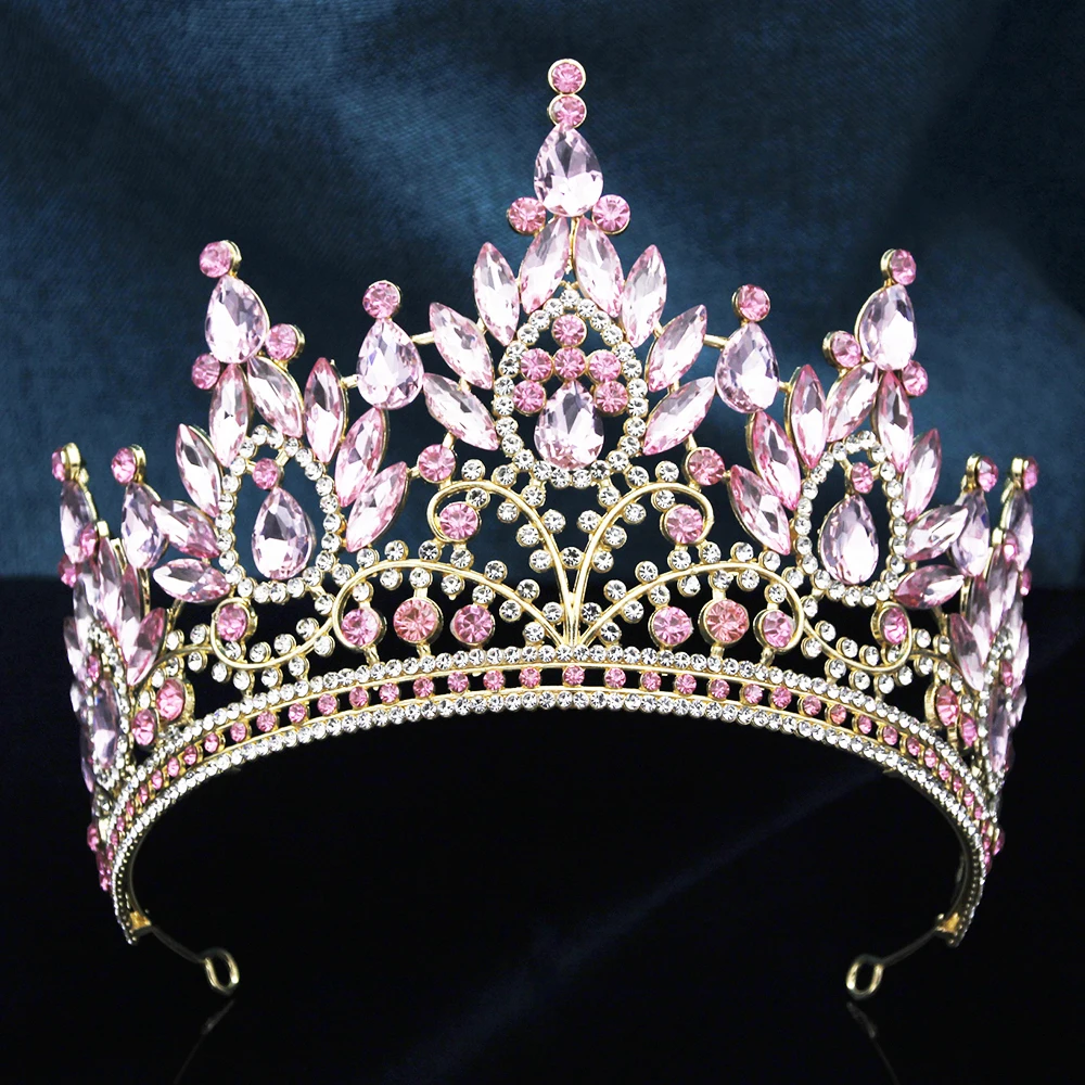 Rosa Kristall Große Krone Diadem Blaue Diademe Kronen für Frauen Braut Hochzeit Party Festzug Hohe Krone Schmuck Geschenke Image