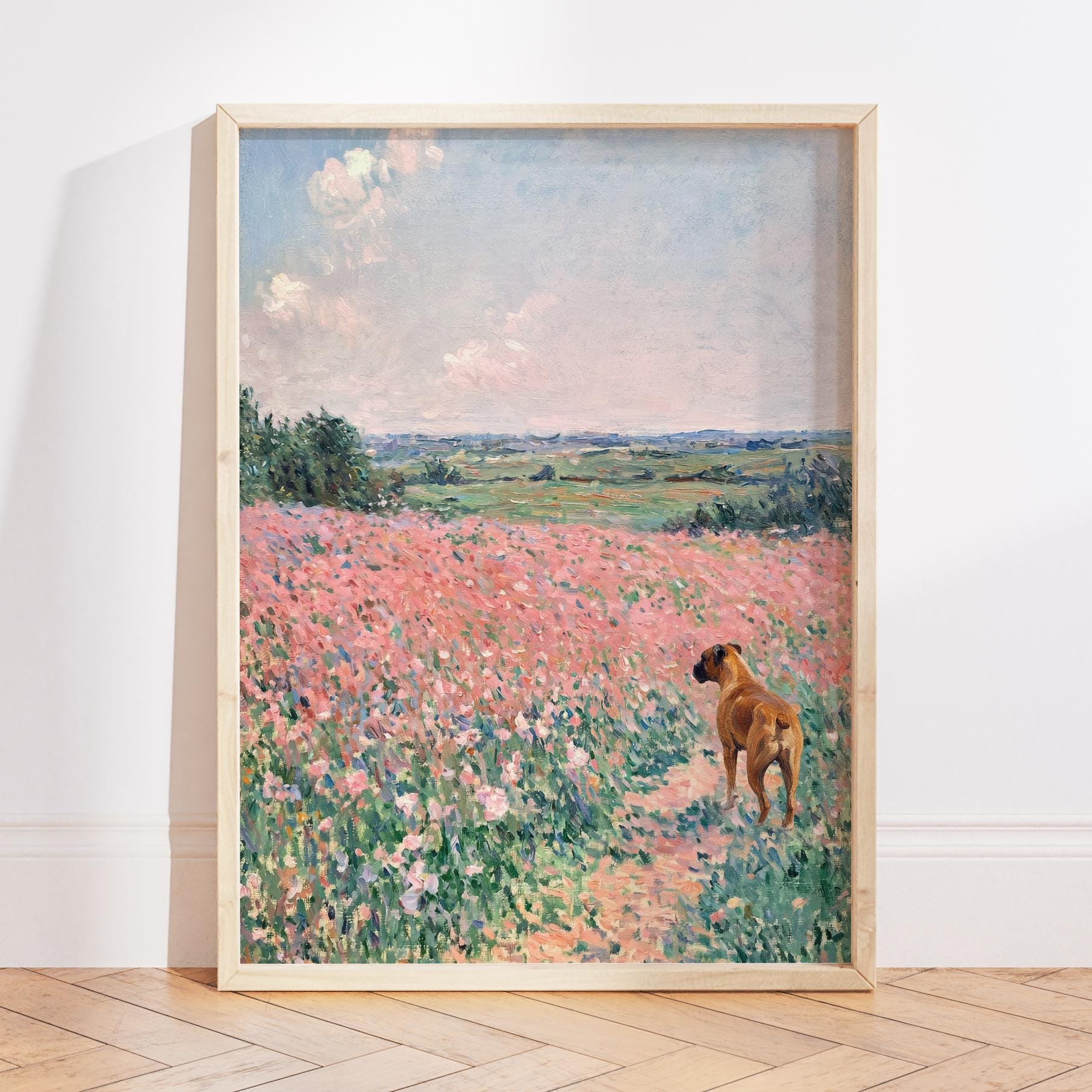 Stampa a olio di fiori selvatici pastello di Monet, arte del cane Boxer, arte murale con paesaggio floreale