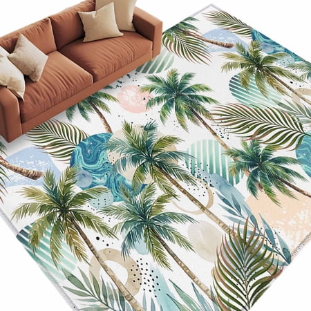 Rectangle Rug 6x9ft Area Rug Coconut Trees Leaves Geometrical Art Area Rugs for Living Room Bedroom Circle Stripes Plants Floor Mat Non-Slip Non-Shedding Carpet Indoor Accent Rugs