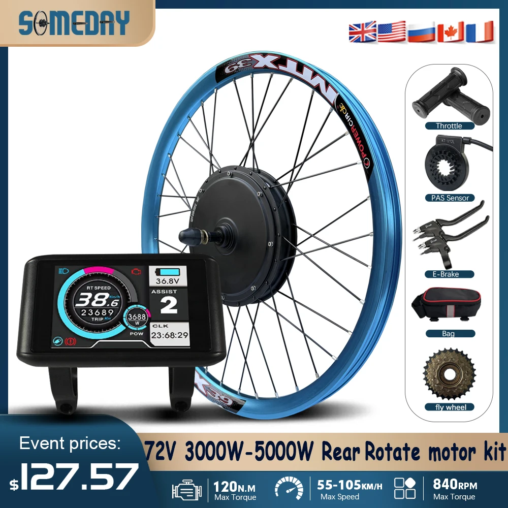 Kit di conversione per bicicletta elettrica MTX39 72V 3000W/5000W con motore brushless a mozzo posteriore rotante per kit e-bike con cerchio viola