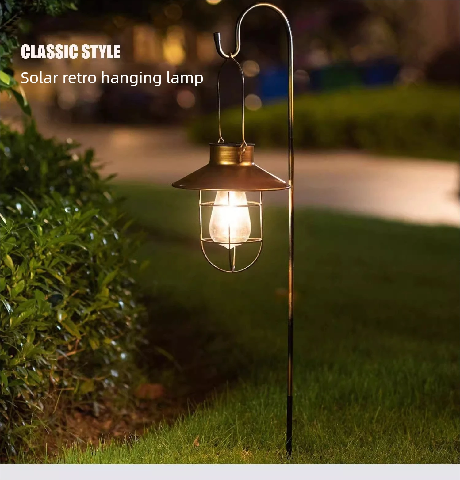 Lampe solaire suspendue à LED, lampe de jardin, lampe de rue en fer, lampe en tungstène antique, lanterne rétro, lampe de pelouse, lampe de paysage