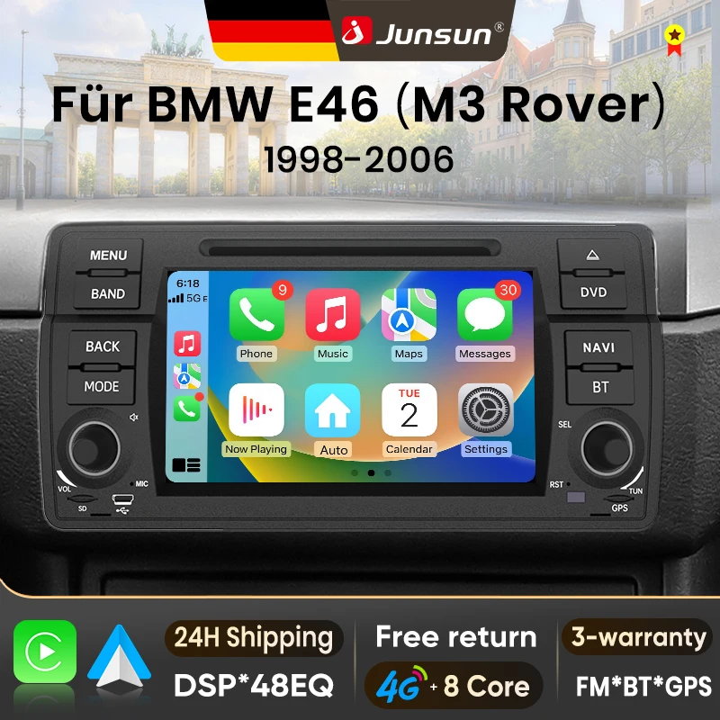 Autoradio Android Junsun da 7 pollici per BMW E46 M3 318 320 325 330 335 1998-2006, Wireless per Apple CarPlay, schermo IPS, stereo multimediale, lettore video, sistemi intelligenti per auto, 2 Din,