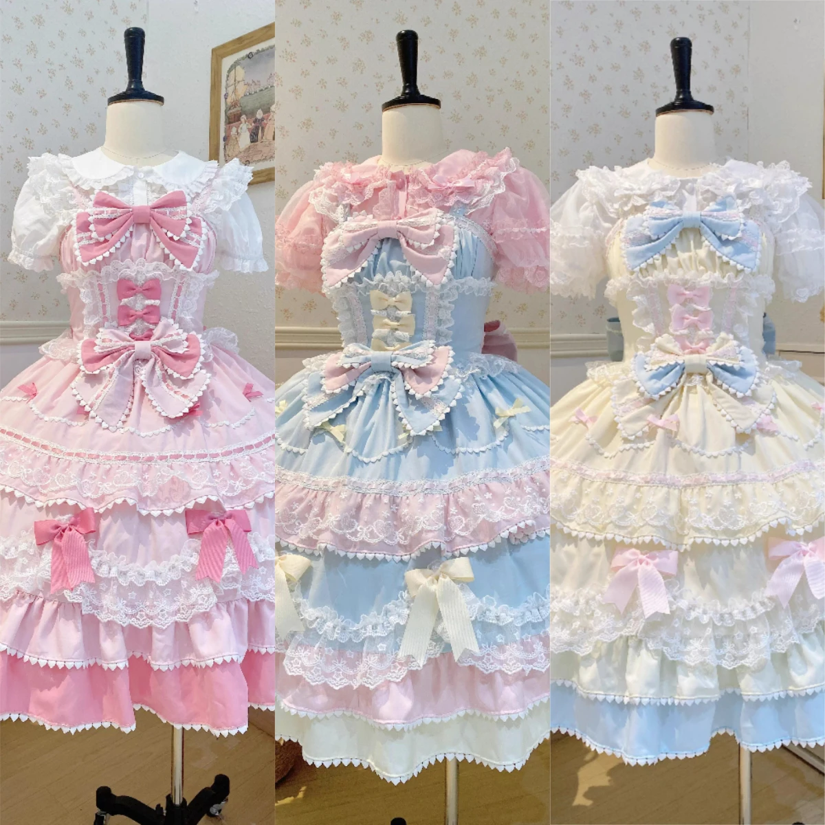 Abito Lolita in Stile Giapponese con Bretelle da Donna, Senza Maniche, con Fiocco Kawaii, Pizzo e Balze, Dolce, Vintage, per Cosplay, Feste, Uso Quotidiano, Outfit JSK da Principessa