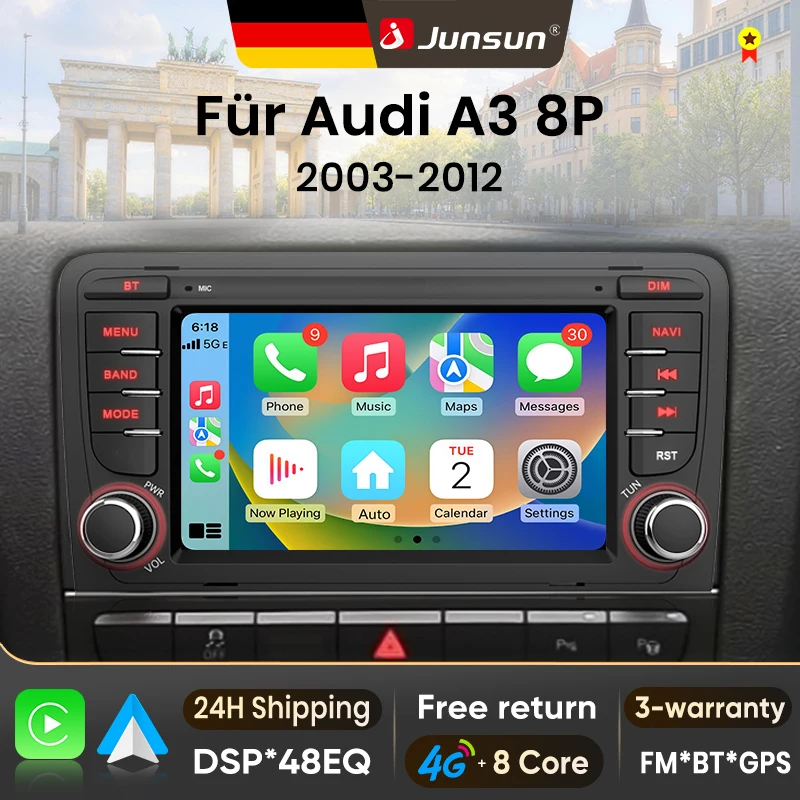 Autoradio Android 15 Junsun 7'' per Audi A3 8P S3 2003-2012, Wireless per Apple CarPlay, Schermo Touch IPS, Lettore Multimediale Video, Sistemi Intelligenti per Auto, Autoradio 2 Din, Navigazione GPS,