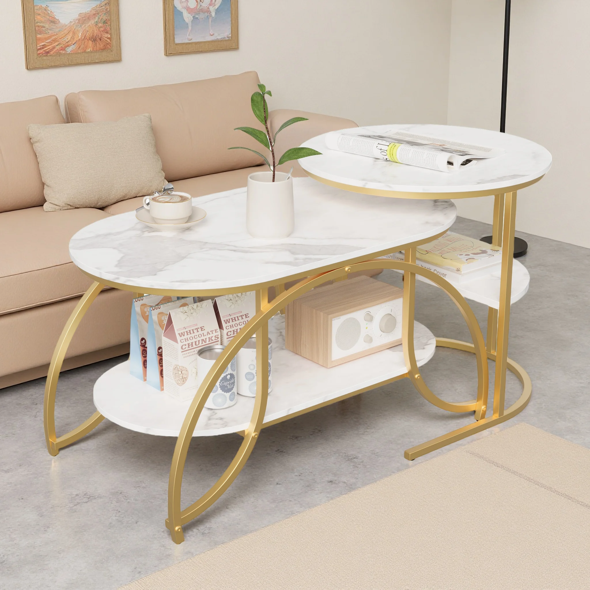 Set di 2 tavolini da caffè impilabili con contenitore, moderni tavolini da soggiorno effetto marmo, tavolini ovali con struttura in metallo, tavolo consolle, tavolino da caffè ideale per il soggiorno,