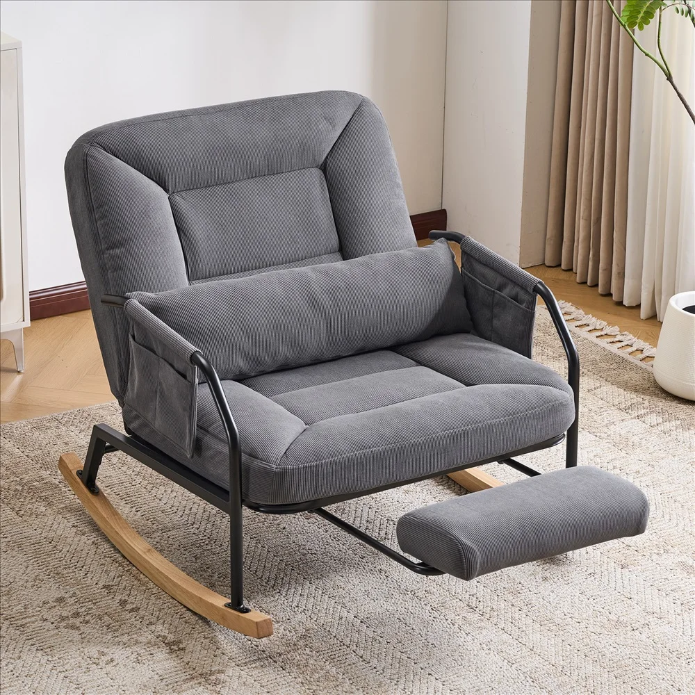 Schaukelstuhl mit Hocker, gemütlicher, übergroßer Cord-Loungesessel, gepolsterter Relaxsessel für den Balkon mit Seitentaschen