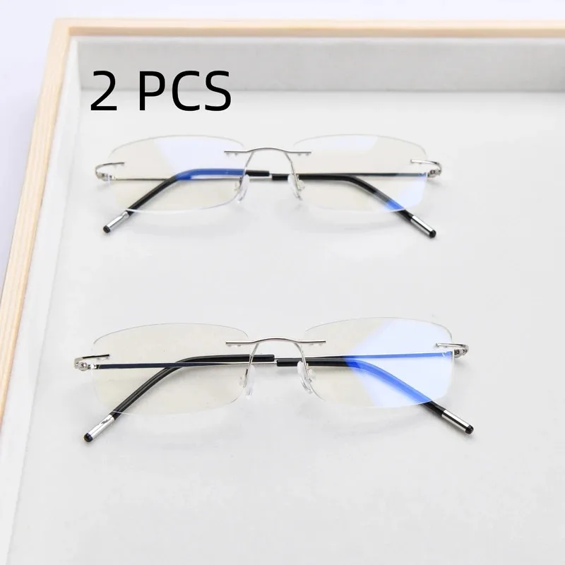 2er-Set rahmenlose Lesebrille mit Blaulichtfilter für Damen und Herren, Metall, Anti-Ermüdungs-Presbyopie-Brille mit flexiblem Bügel Image