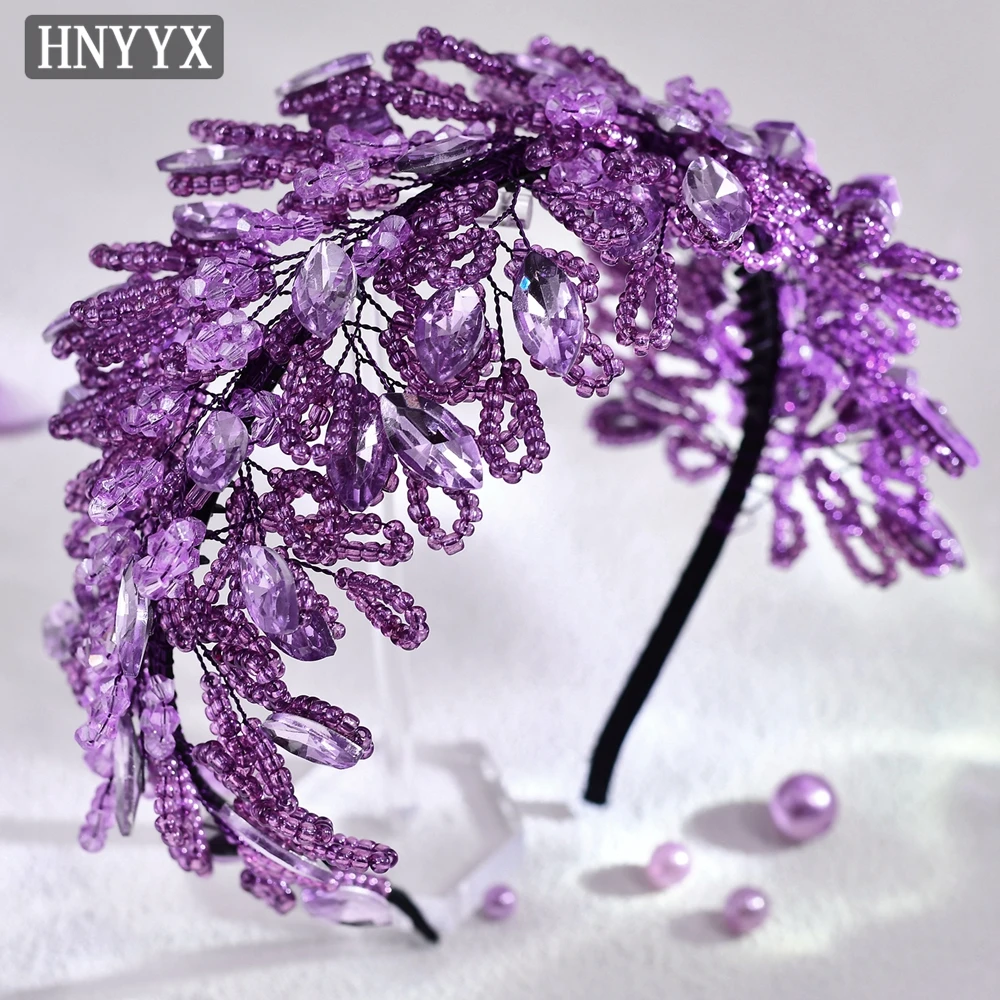 Hnyyx Kristall perlen blätter für Frauen Stirnband handgemachte Retro Strass Kopf Reifen Mädchen Braut Hochzeit a165 lila Image