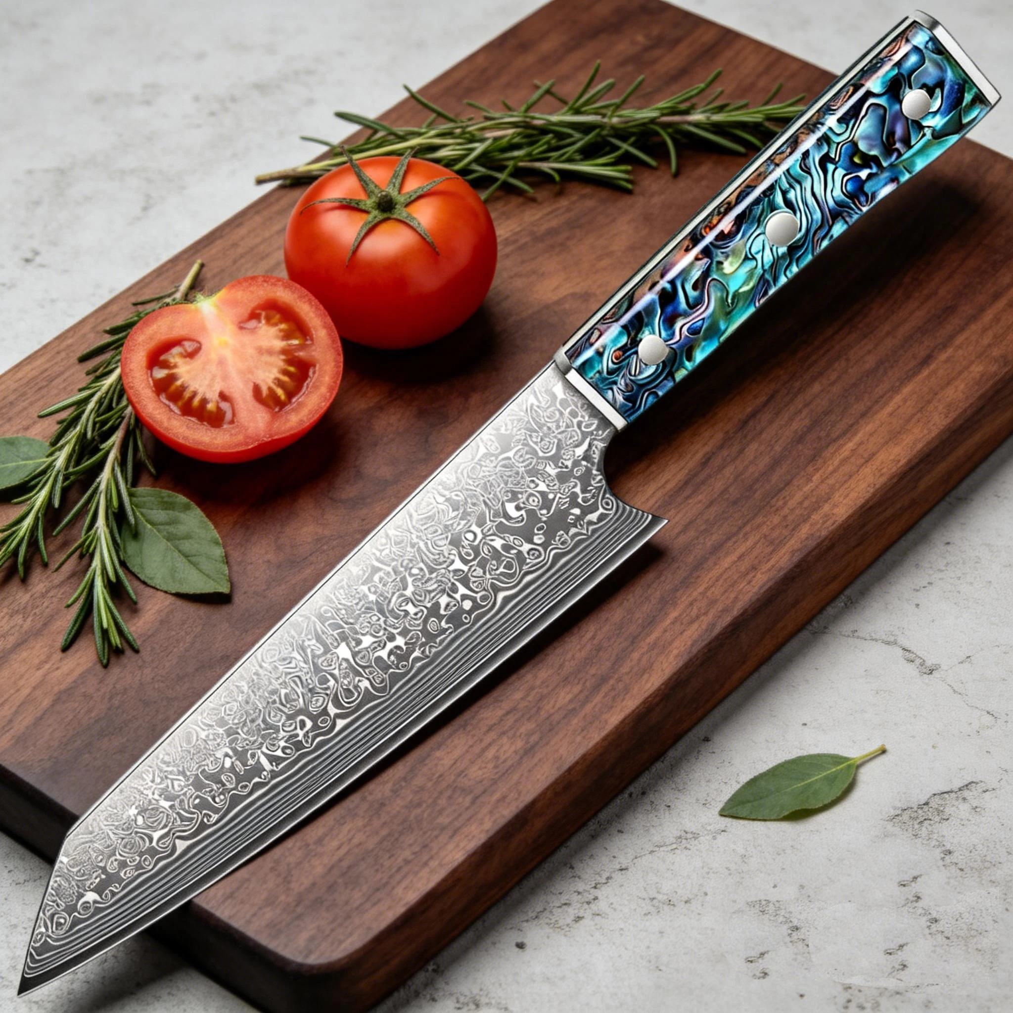 SAEIV Japanisches Damaszener Kochmesser, Professionelles Küchen-Fleischmesser mit VG10 Stahlkern, 60+2HRC Härte, Abalone-Muschelgriff Image